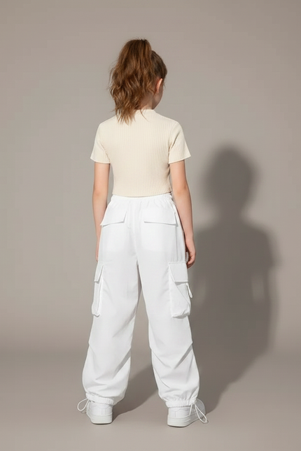 Pantalon Parachute Blanc Cargo Ample Streetwear Enfant - Polyester - vue 2