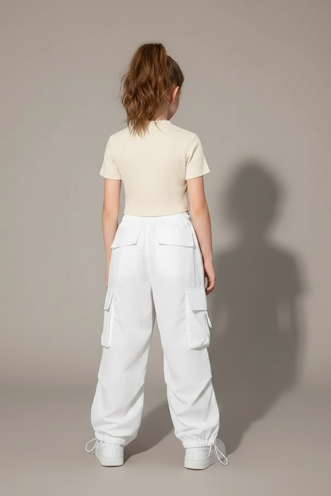 Pantalon Parachute Blanc Cargo Ample Streetwear Enfant - Polyester - vue 2