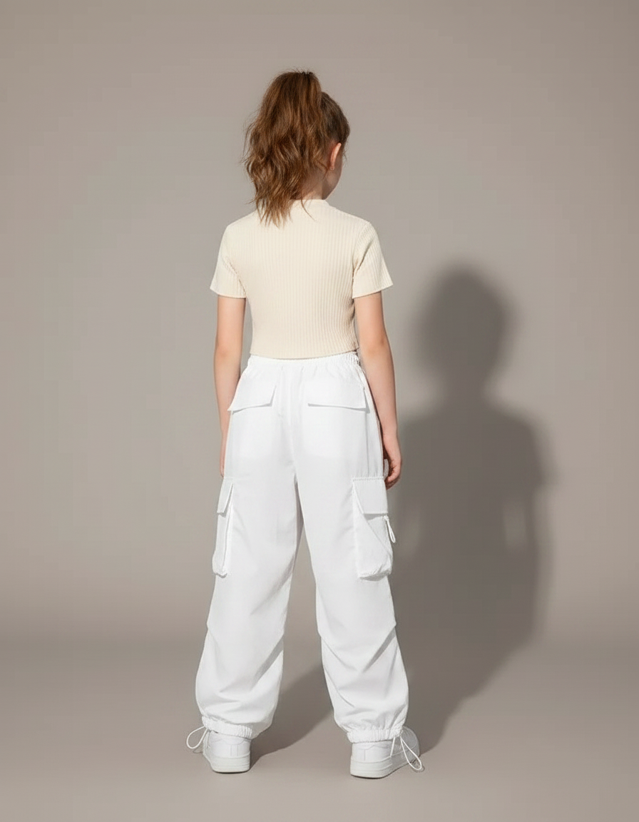 Pantalon Parachute Blanc Cargo Ample Streetwear Enfant - Polyester - vue 2