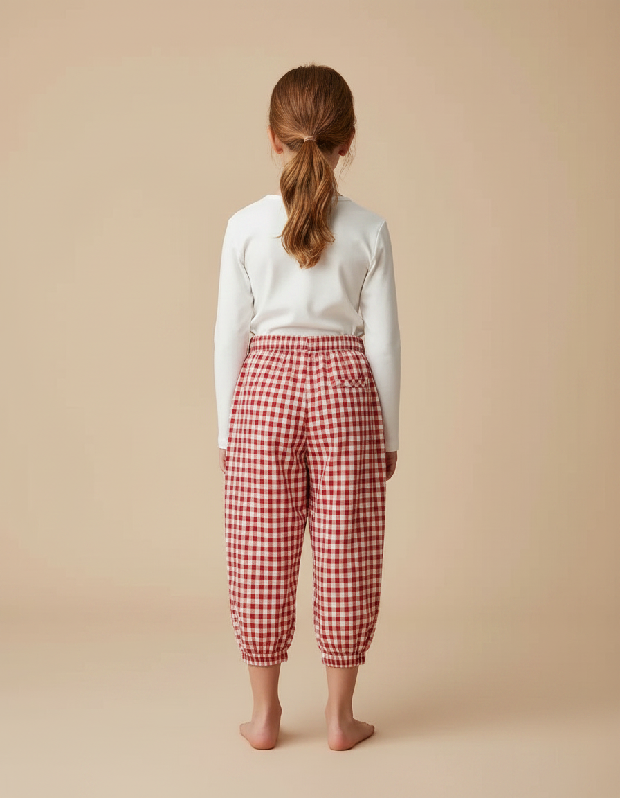 Pantalon Parachute Vichy Rouge Ample Coton Enfant - vue 2