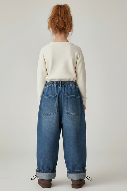 Pantalon Parachute Denim Ample Rayures Rouge Fille - Bleu Jean - vue 2