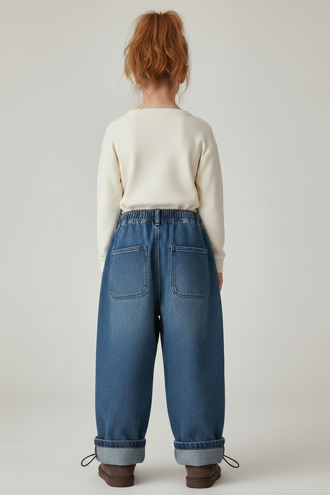 Pantalon Parachute Denim Ample Rayures Rouge Fille - Bleu Jean - vue 2