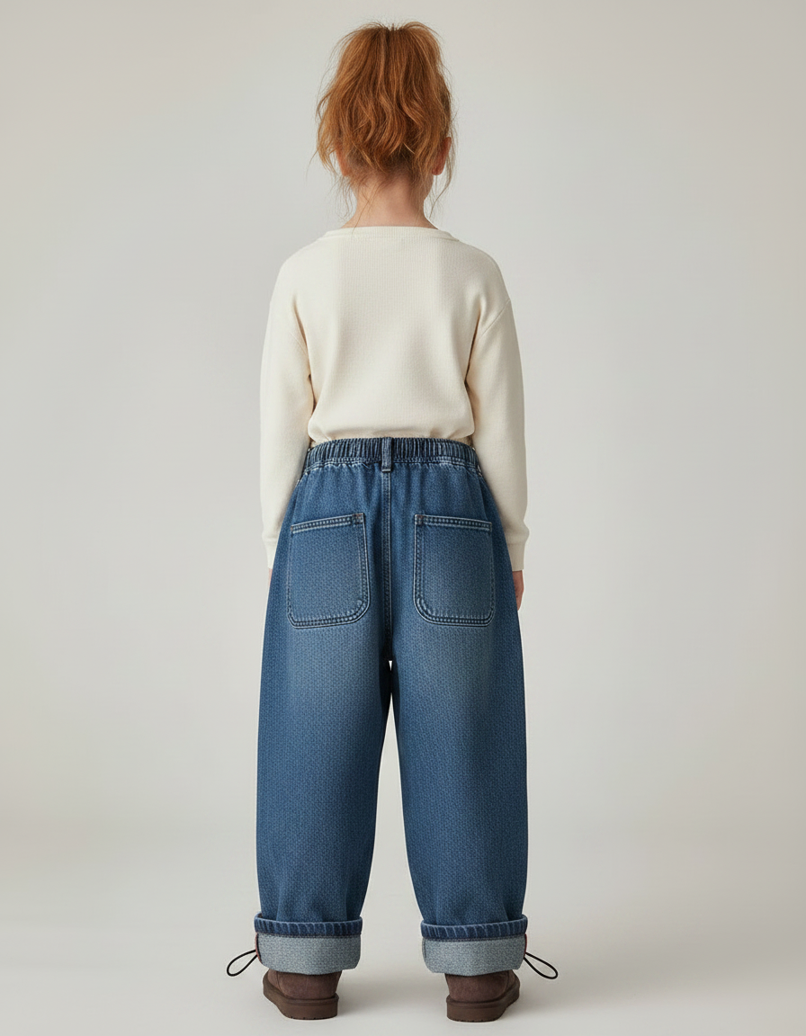 Pantalon Parachute Denim Ample Rayures Rouge Fille - Bleu Jean - vue 2