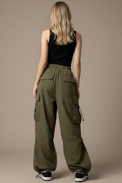 Pantalon Parachute Kaki Ample Cargo Cordon Streetwear - Polyester - vue 2
