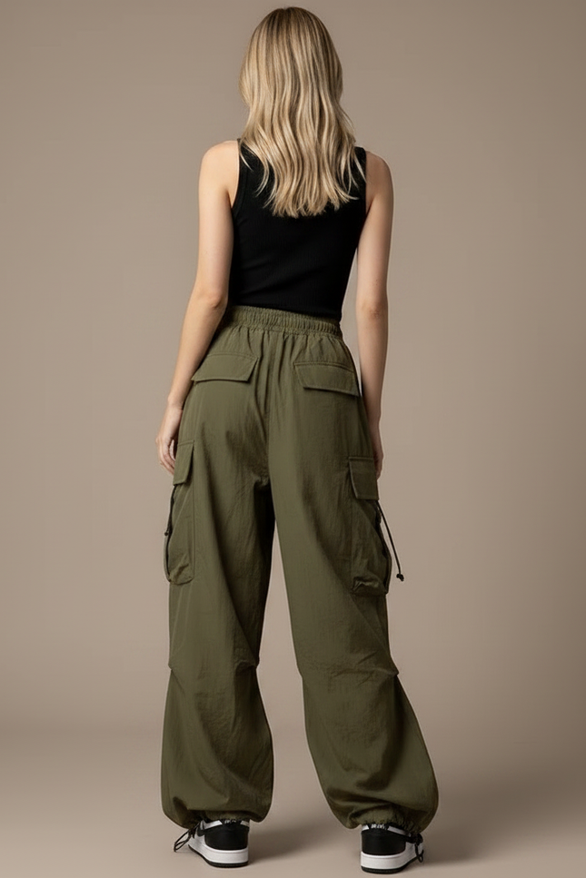 Pantalon Parachute Kaki Ample Cargo Cordon Streetwear - Polyester - vue 2