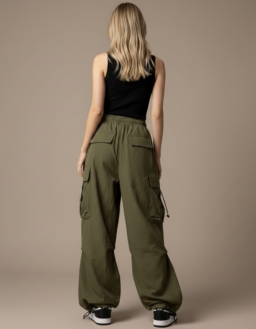 Pantalon Parachute Kaki Ample Cargo Cordon Streetwear - Polyester - vue 2