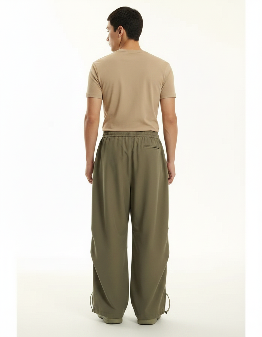 Pantalon Parachute Vert Kaki Ample Cordon Décontracté Homme - Polyester - vue 2