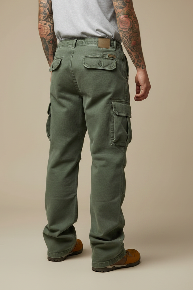 Pantalon Parachute Vert Ample Cargo Militaire Homme - Kaki Toile - vue 2
