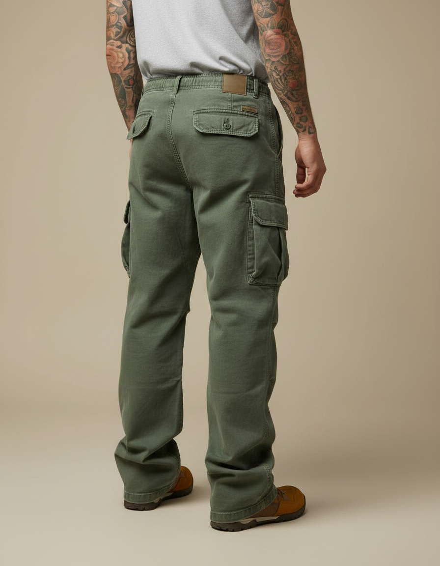 Pantalon Parachute Vert Ample Cargo Militaire Homme - Kaki Toile - vue 2