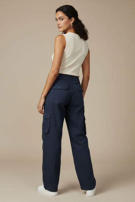Pantalon Parachute Bleu Marine Cargo Ample Femme Coton - vue 2