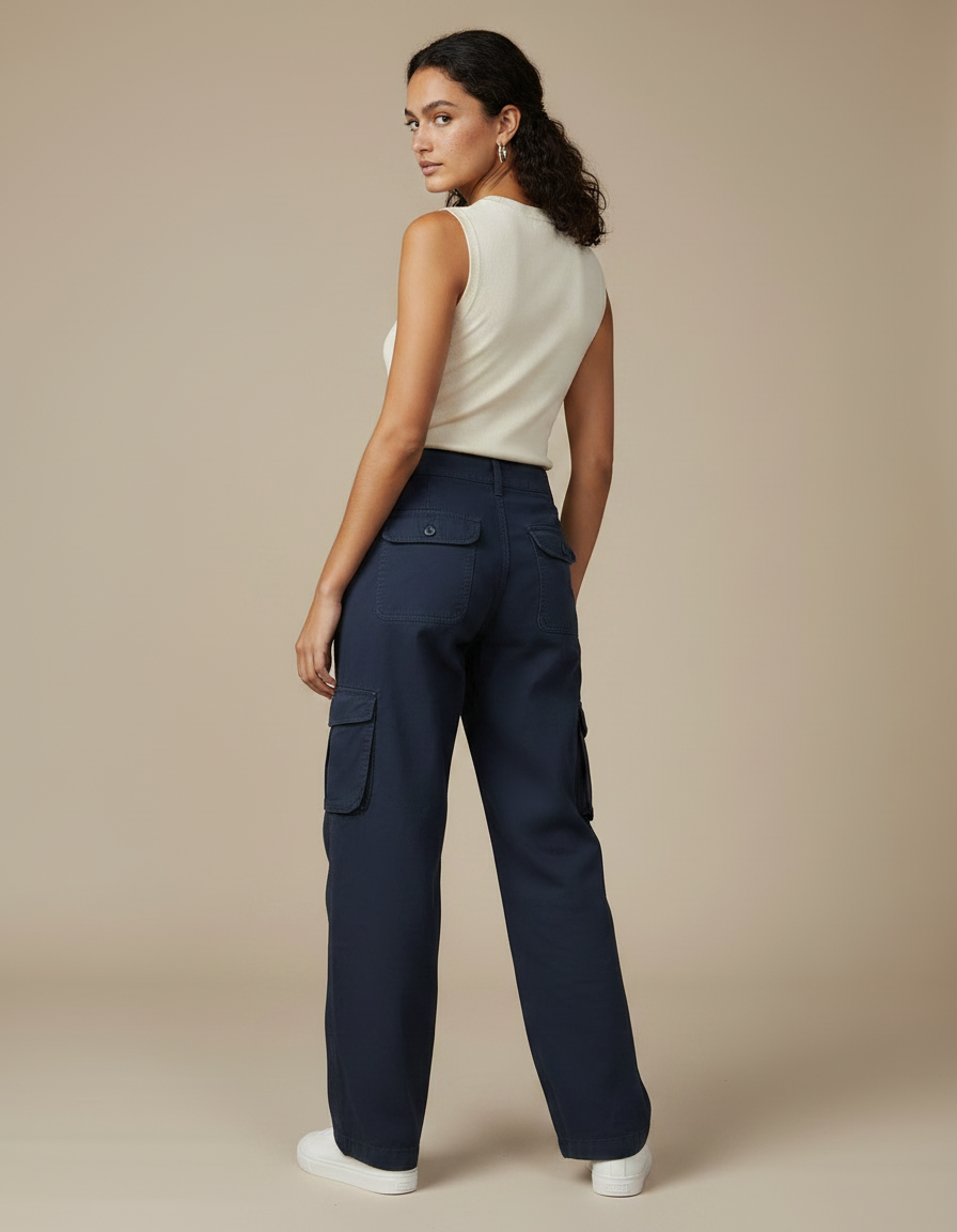 Pantalon Parachute Bleu Marine Cargo Ample Femme Coton - vue 2