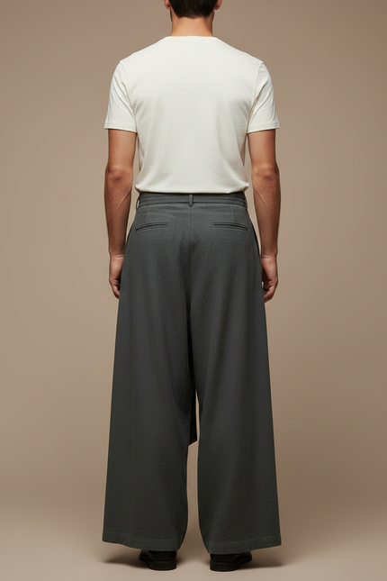 Pantalon Parachute Gris Ample Lin Plissé Homme Décontracté - vue 2