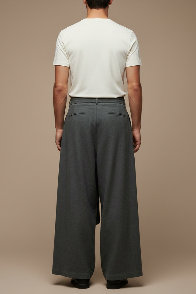 Pantalon Parachute Gris Ample Lin Plissé Homme Décontracté - vue 2