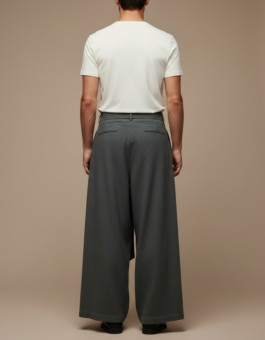 Pantalon Parachute Gris Ample Lin Plissé Homme Décontracté - vue 2
