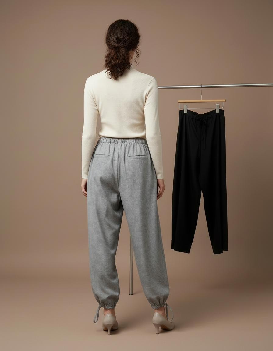 Pantalon Parachute Gris Ample Cordon Élégant Femme - Gabardine - vue 2