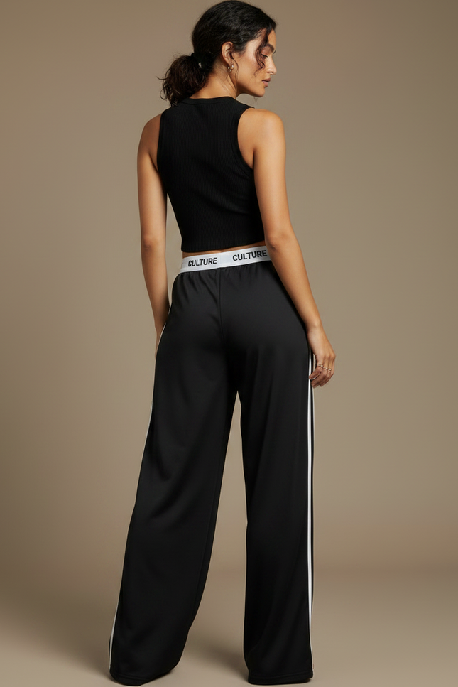 Pantalon Parachute Noir Ample Rayures Blanches Confortable - Polyester - vue 2