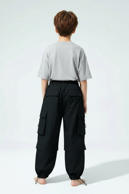 Pantalon Parachute Noir Cargo Ample Enfant Streetwear - Polyester - vue 2