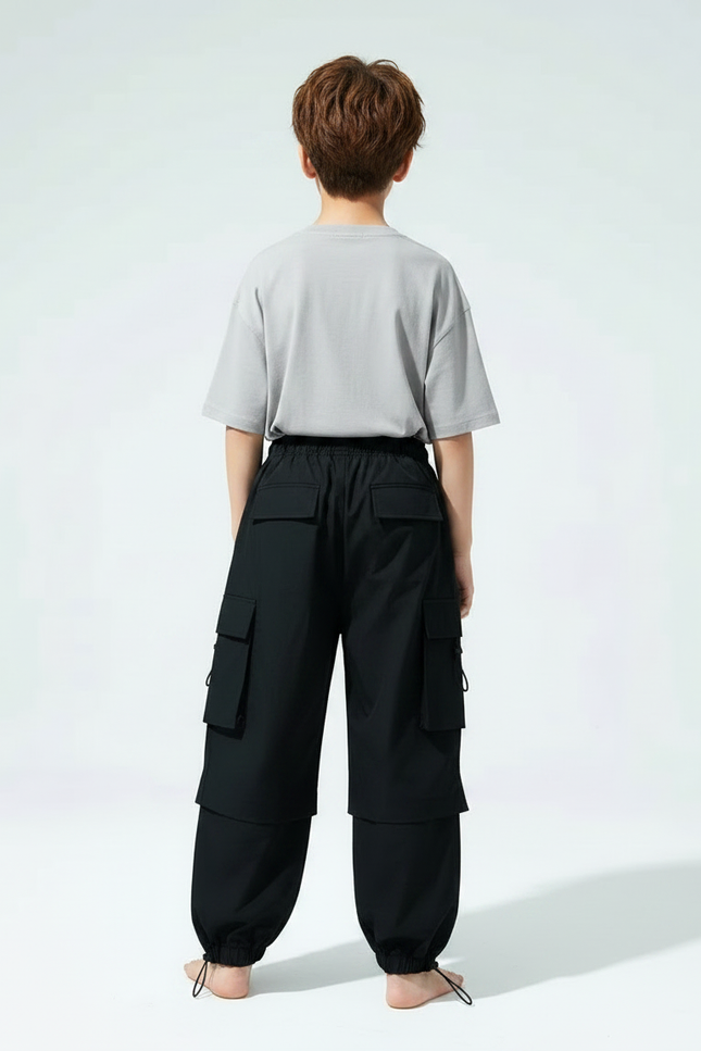 Pantalon Parachute Noir Cargo Ample Enfant Streetwear - Polyester - vue 2
