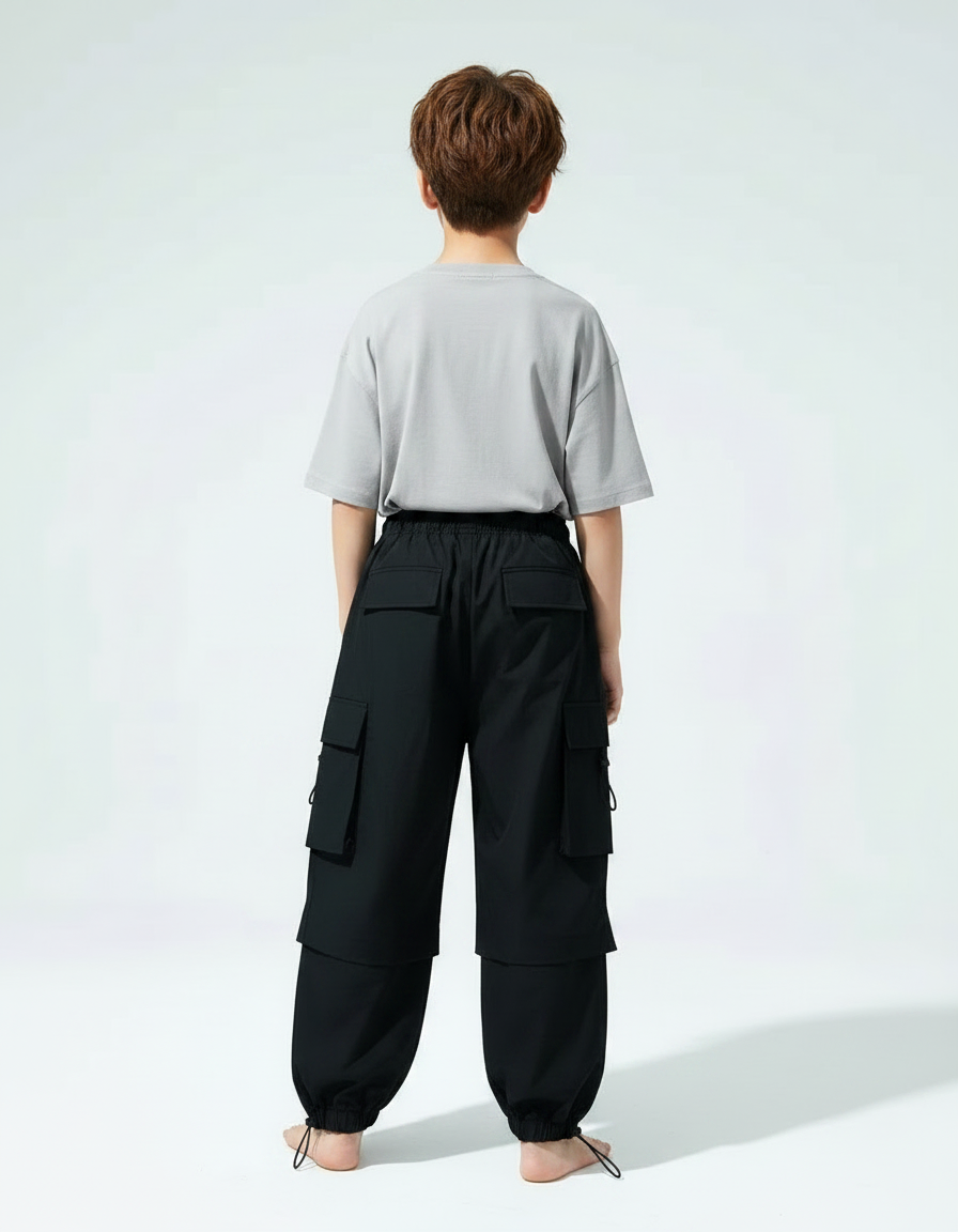 Pantalon Parachute Noir Cargo Ample Enfant Streetwear - Polyester - vue 2
