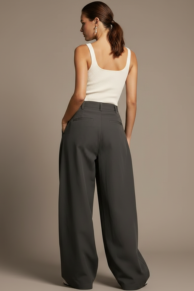 Pantalon Parachute Gris Ample Taille Haute Fluide - Polyester - vue 2