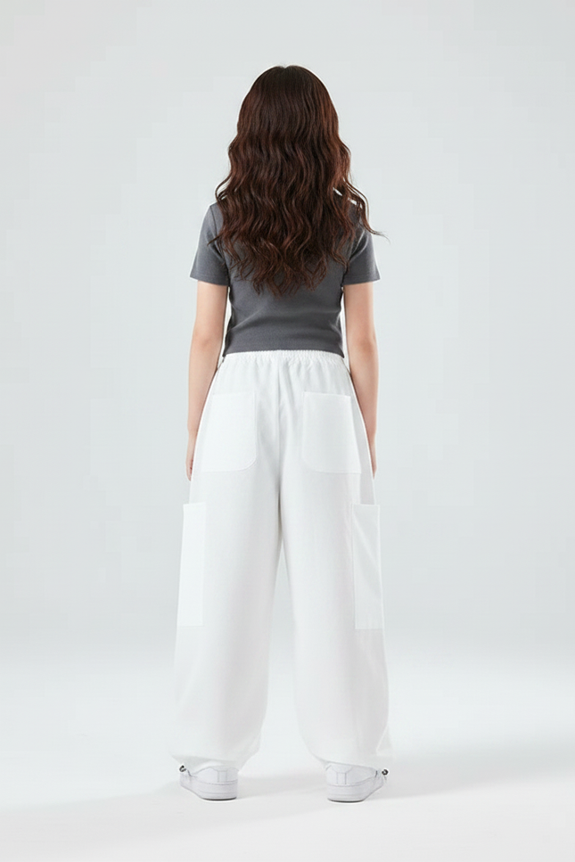 Pantalon Parachute Blanc Ample Fille Décontracté - Polyester - vue 2