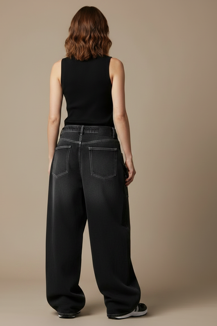 Pantalon Parachute Noir Délavé Ample Imprimé Denim Femme Y2K - Jean - vue 2