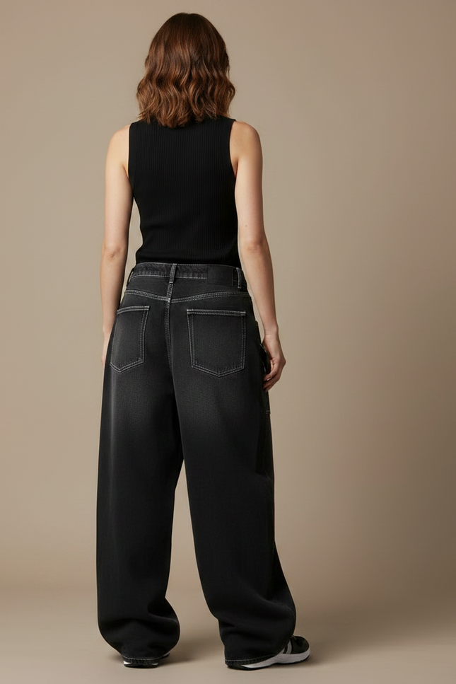 Pantalon Parachute Noir Délavé Ample Imprimé Denim Femme Y2K - Jean - vue 2