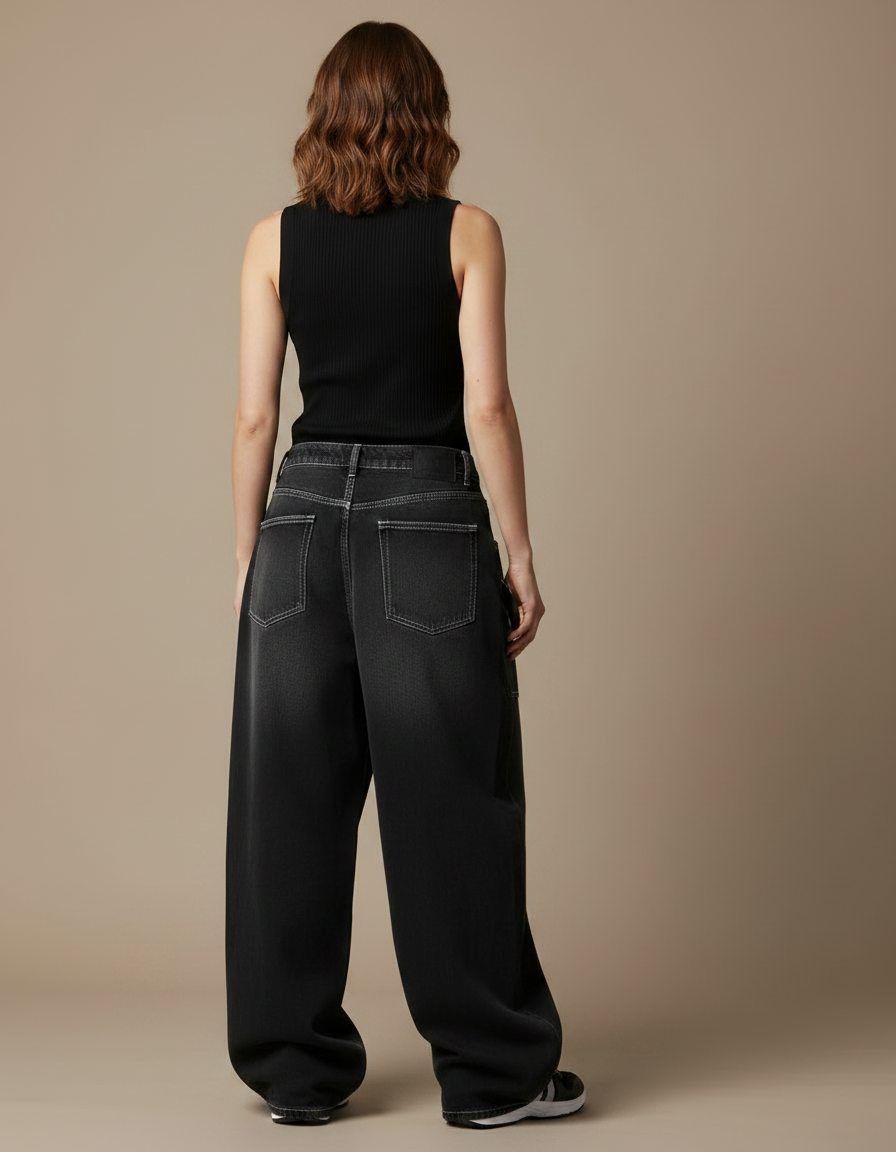 Pantalon Parachute Noir Délavé Ample Imprimé Denim Femme Y2K - Jean - vue 2