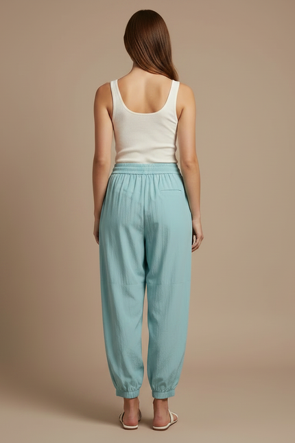 Pantalon Parachute Bleu Ciel Fluide Décontracté Cordon Femme - Viscose - vue 2