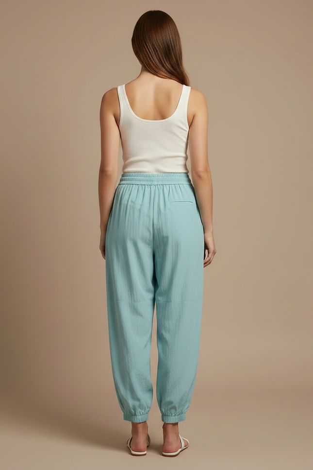 Pantalon Parachute Bleu Ciel Fluide Décontracté Cordon Femme - Viscose - vue 2