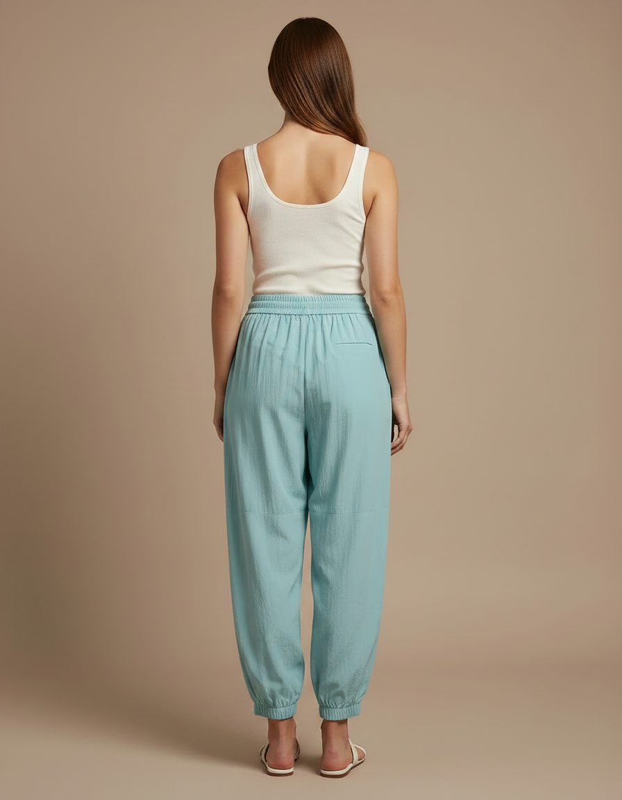 Pantalon Parachute Bleu Ciel Fluide Décontracté Cordon Femme - Viscose - vue 2