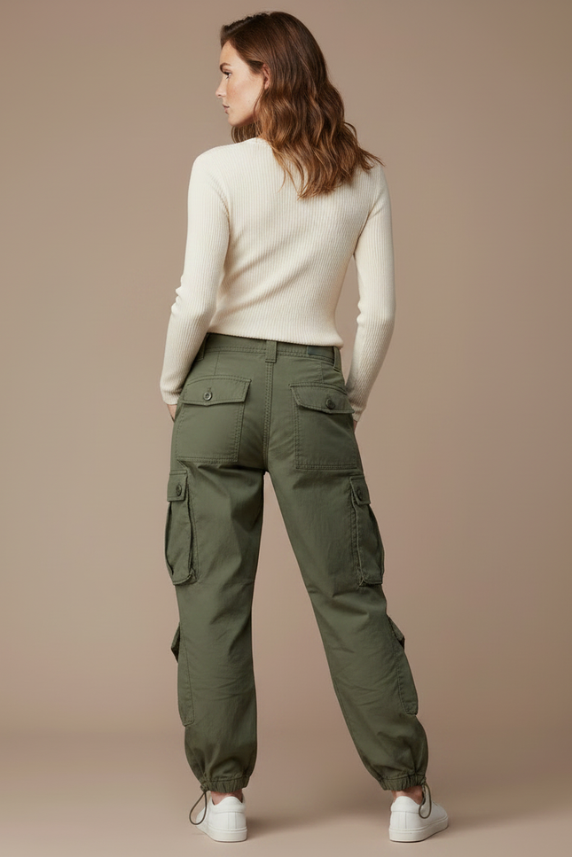 Pantalon Parachute Vert Ample Cargo Casual Femme - Kaki Gabardine - vue 2