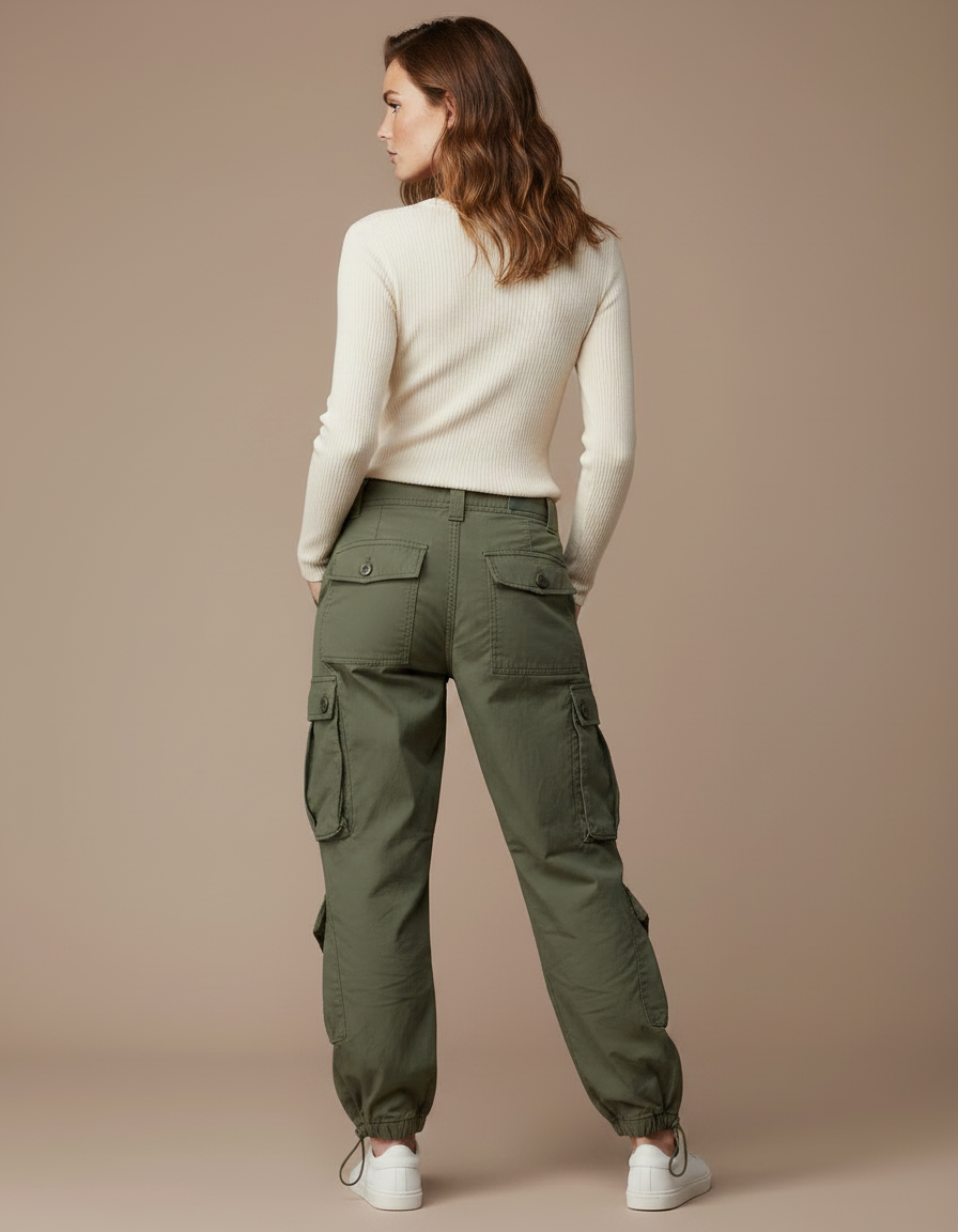 Pantalon Parachute Vert Ample Cargo Casual Femme - Kaki Gabardine - vue 2