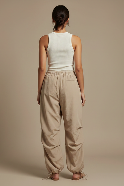 Pantalon Parachute Fluide Beige Taille Haute Femme - Polyester - vue 2