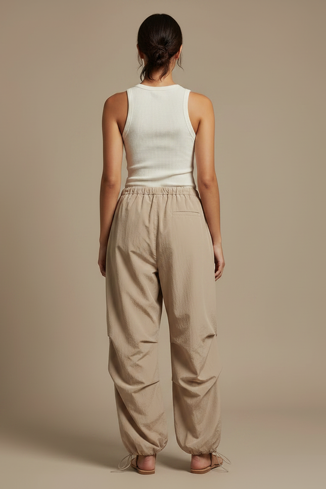 Pantalon Parachute Fluide Beige Taille Haute Femme - Polyester - vue 2