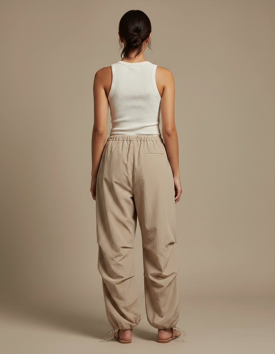Pantalon Parachute Fluide Beige Taille Haute Femme - Polyester - vue 2