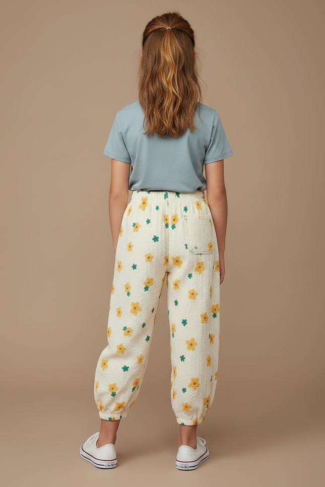 Pantalon Parachute Crème Fleuri Ample Fille Léger Doux - Beige Coton - vue 2