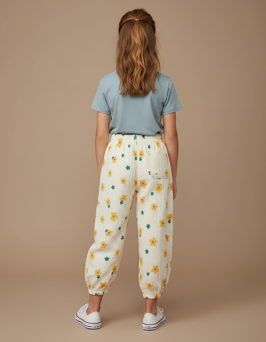 Pantalon Parachute Crème Fleuri Ample Fille Léger Doux - Beige Coton - vue 2