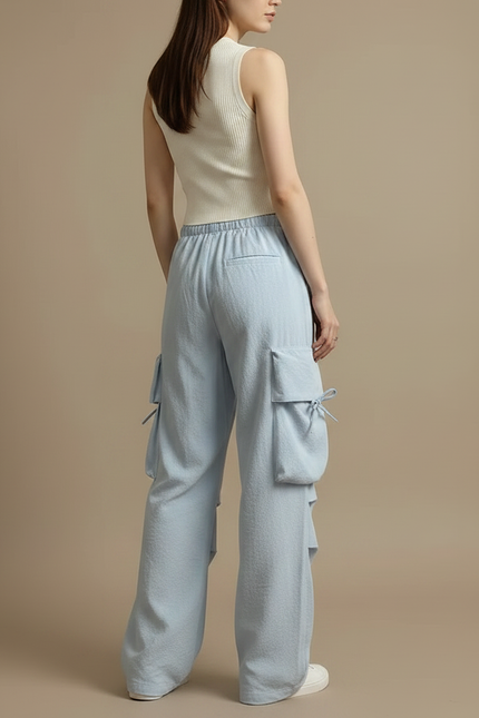 Pantalon Parachute Bleu Clair Ample Décontracté Multipoches - Polyester - vue 2