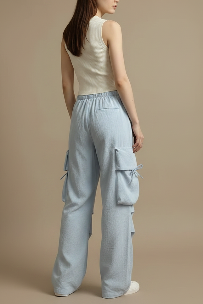 Pantalon Parachute Bleu Clair Ample Décontracté Multipoches - Polyester - vue 2
