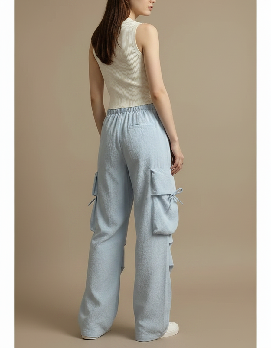 Pantalon Parachute Bleu Clair Ample Décontracté Multipoches - Polyester - vue 2