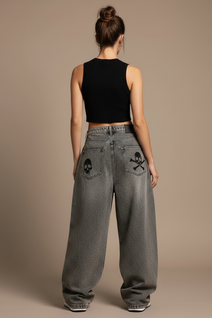 Pantalon Parachute Gris Délavé Ample Crânes Gothique - Jean - vue 2