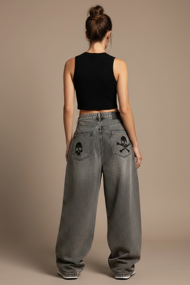 Pantalon Parachute Gris Délavé Ample Crânes Gothique - Jean - vue 2