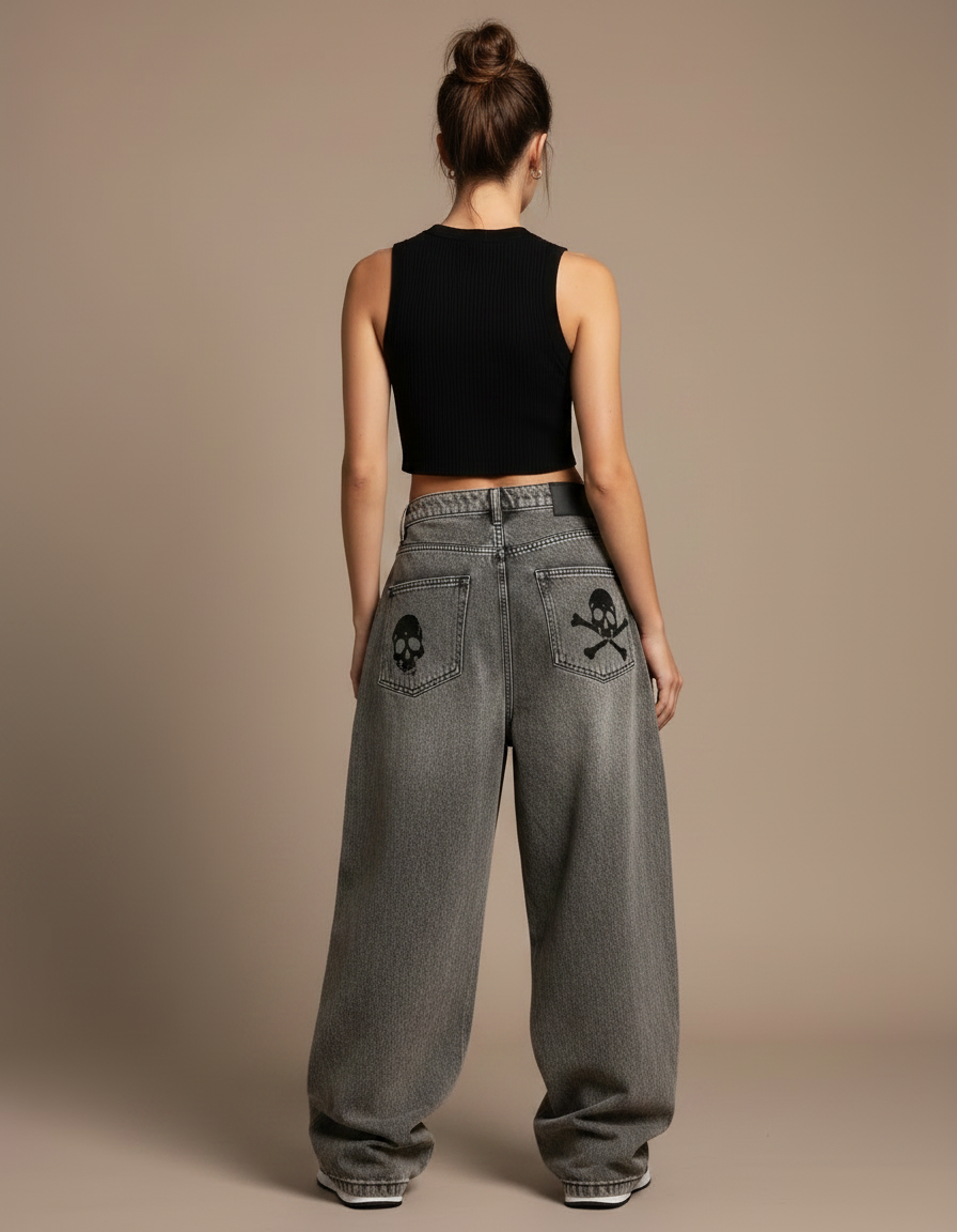 Pantalon Parachute Gris Délavé Ample Crânes Gothique - Jean - vue 2