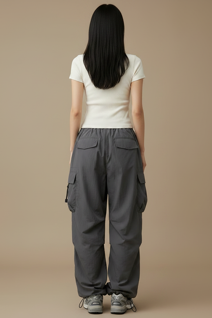 Pantalon Parachute Gris Ample Cargo Femme Y2K - Polyester - vue 2