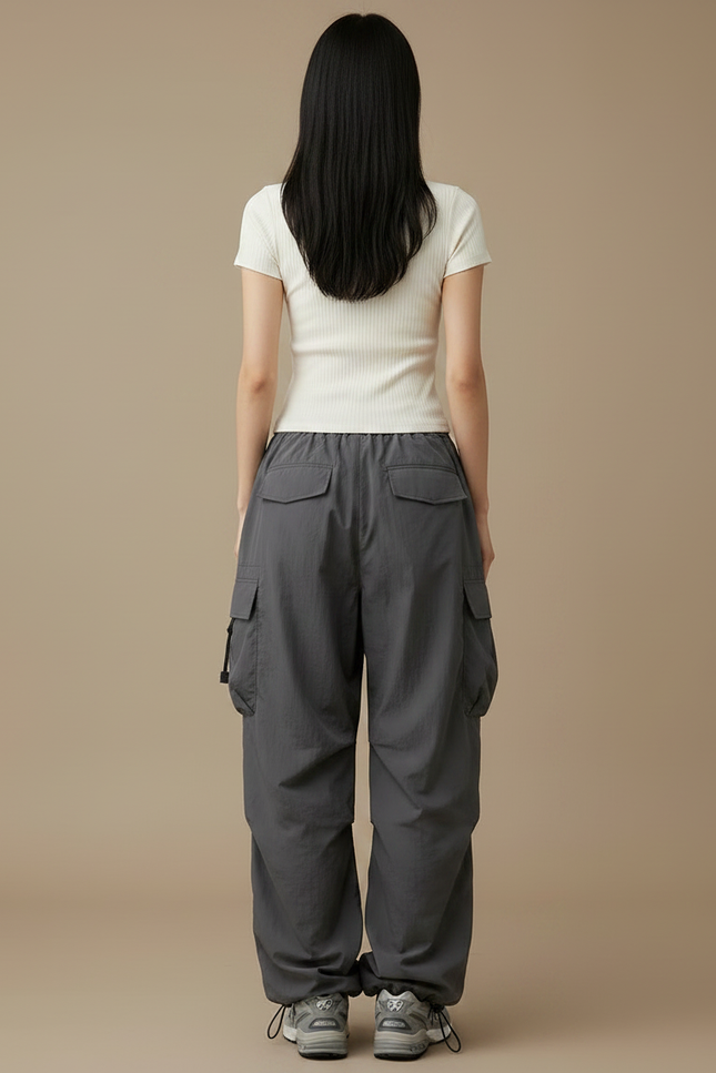 Pantalon Parachute Gris Ample Cargo Femme Y2K - Polyester - vue 2