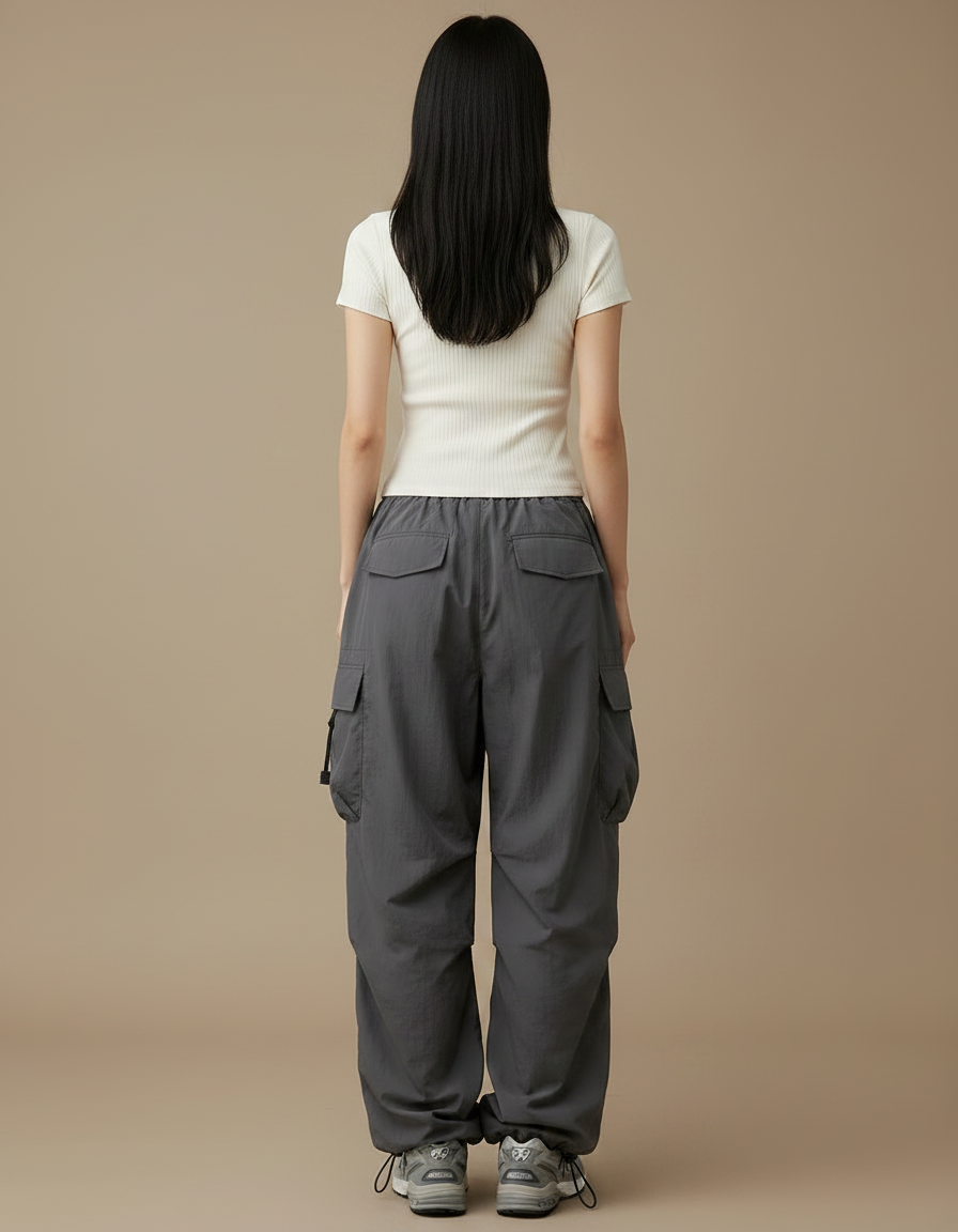 Pantalon Parachute Gris Ample Cargo Femme Y2K - Polyester - vue 2