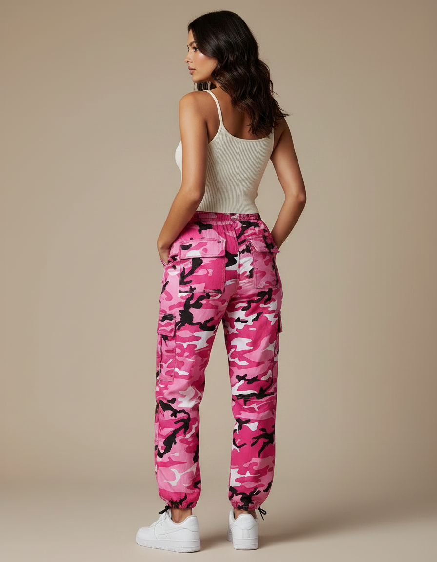 Pantalon Parachute Camouflage Rose Cargo Baggy Femme - Polyester - vue 2