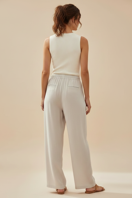 Pantalon Parachute Blanc Crème Lin Large Décontracté Femme - Beige - vue 2