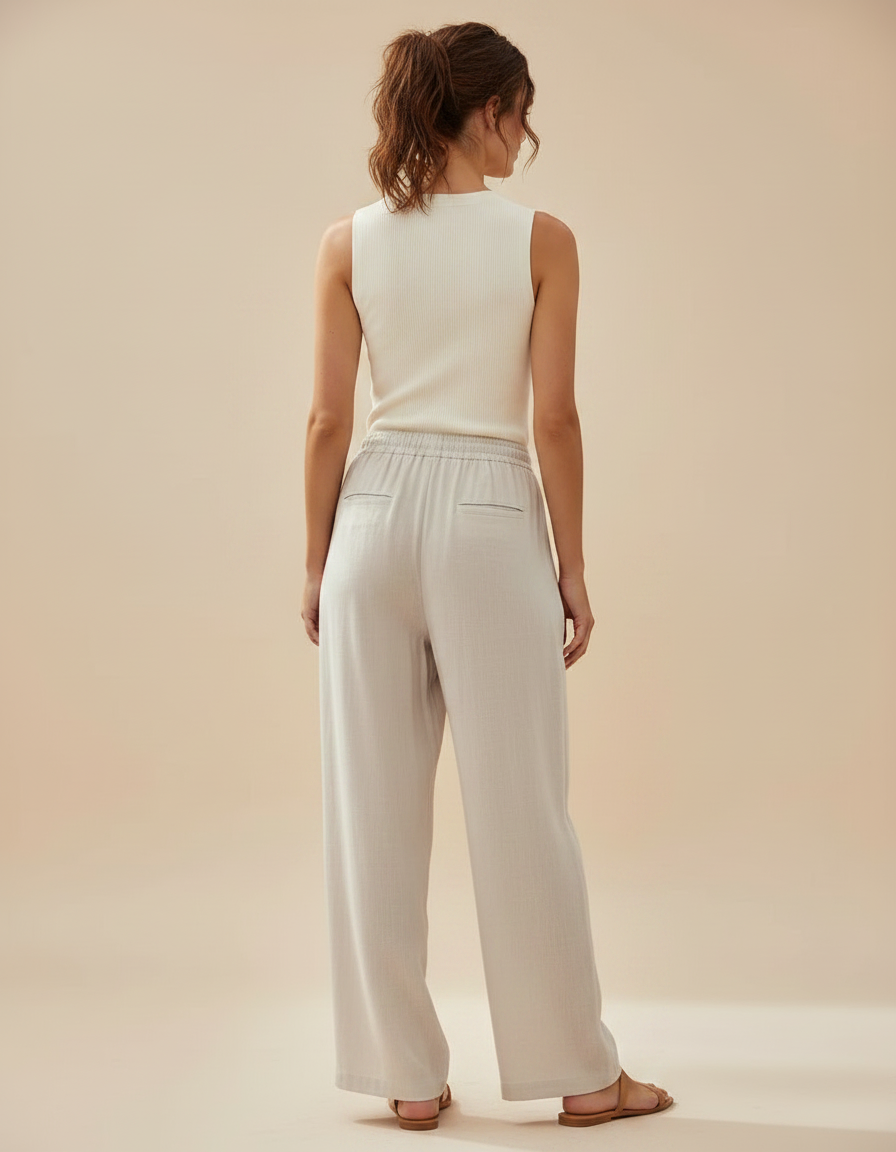 Pantalon Parachute Blanc Crème Lin Large Décontracté Femme - Beige - vue 2